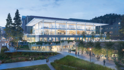 Artist's concept of new Engineering Student Center at dusk