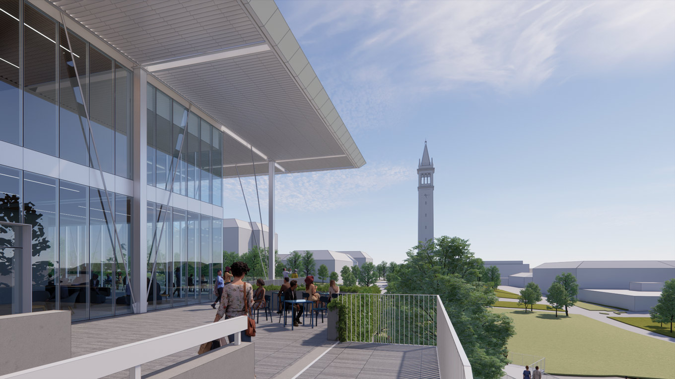 Artist's concept of outdoor terrace at the new Engineering Student Center, with the Campanile in the background.