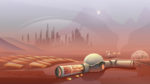 An artist’s rendering of a crewed Martian biomanufactory powered by photovoltaics