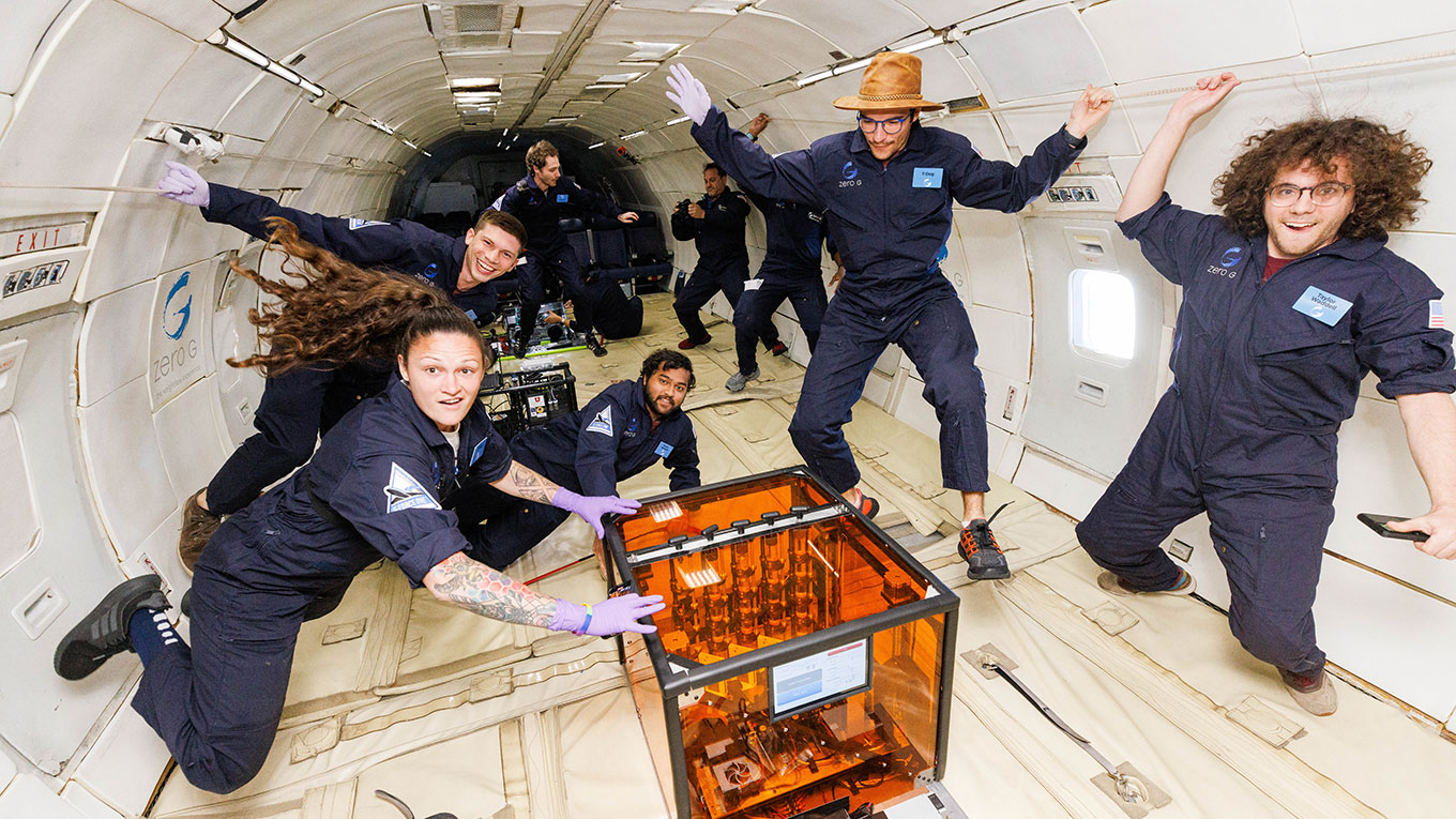 Researchers in zero gravity with 3D printer