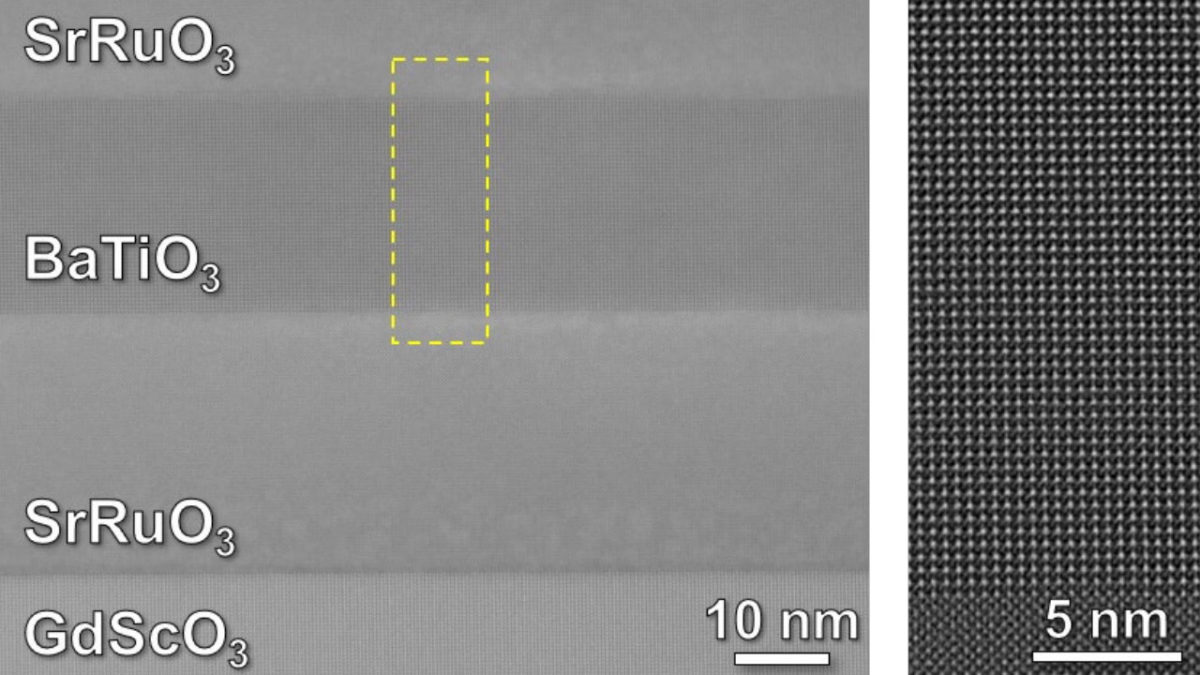 Electron microscope images show the precise atom-by-atom structure of a barium titanate (BaTiO3) thin film sandwiched between layers of strontium ruthenate (SrRuO3) metal to make a tiny capacitor.