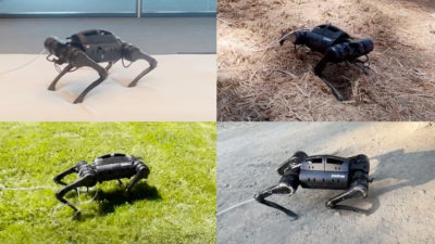 Robot dog walks across different types of terrain