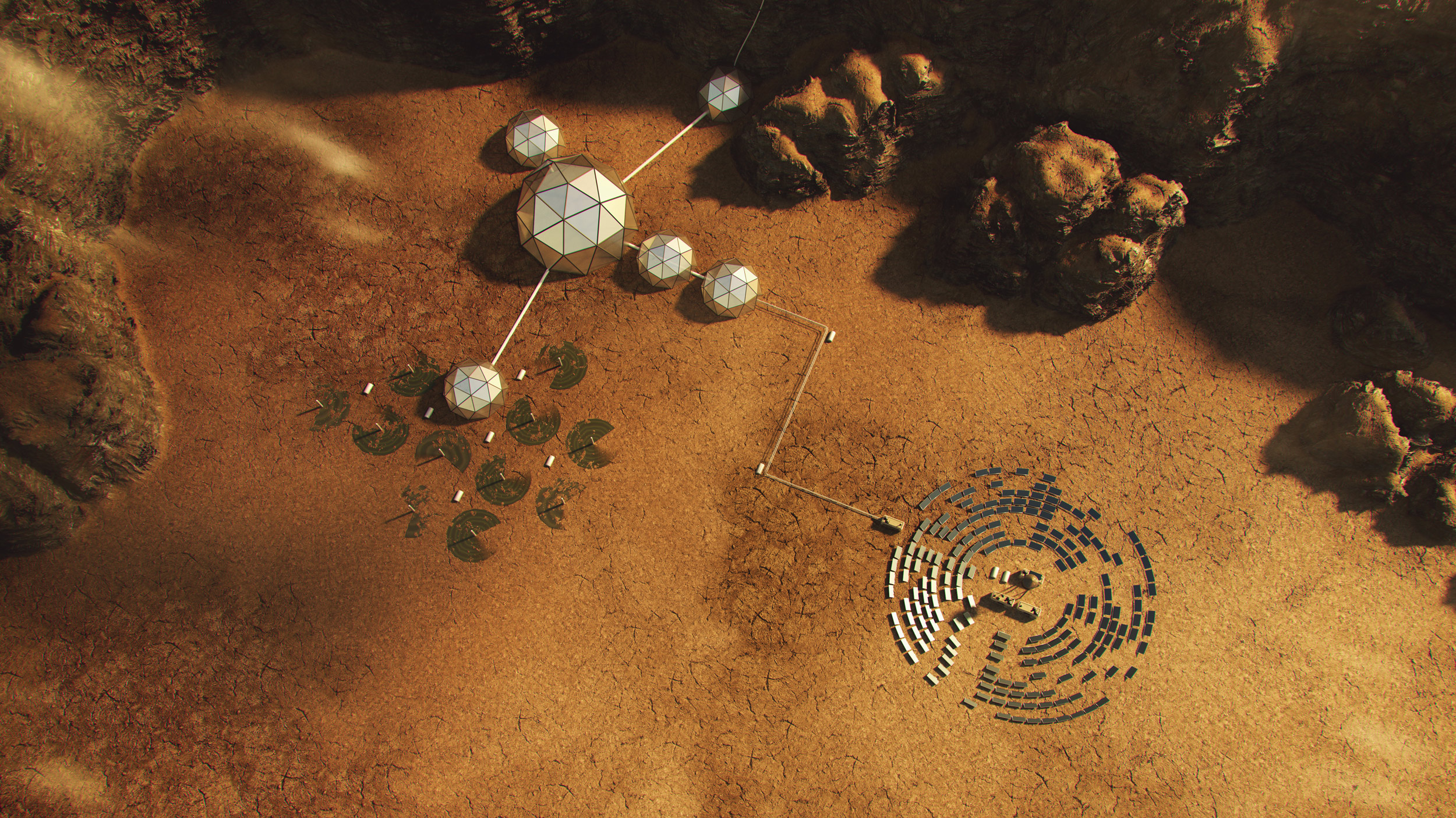 Artist’s rendering of a human base on a new planet, aerial view.