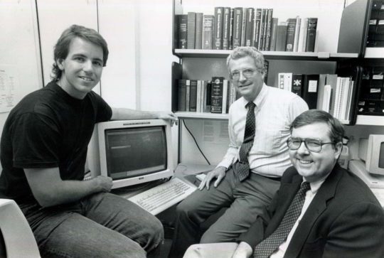 Professors David Hodges (center) and Professors Lawrence Rowe (right) with graduate student Brian Smith (left) in 1990