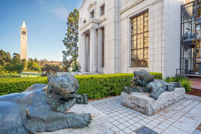 McLaughlin Hall, with Macchi Bears in foreground and the Campanile in background