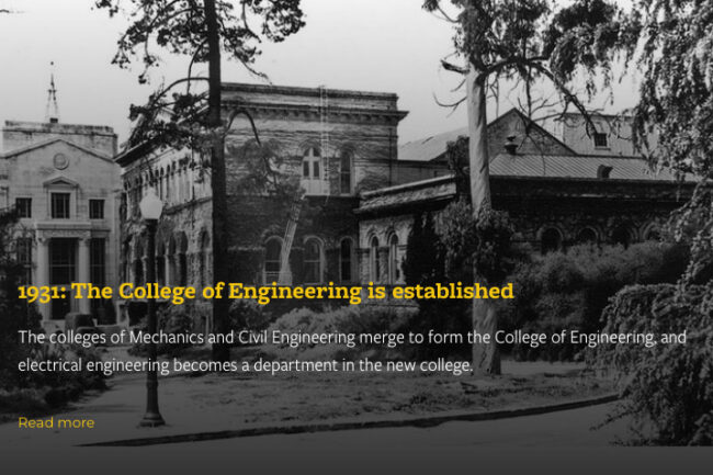 Frame from Milestones timeline, showing 1931 formation of the College of Engineering