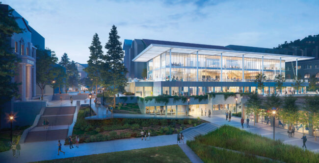 Artist's concept of new Engineering Student Center at dusk