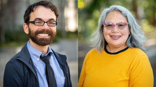 Headshots of Joshua Hug on the left, and Abigail de Kosnik on the right.