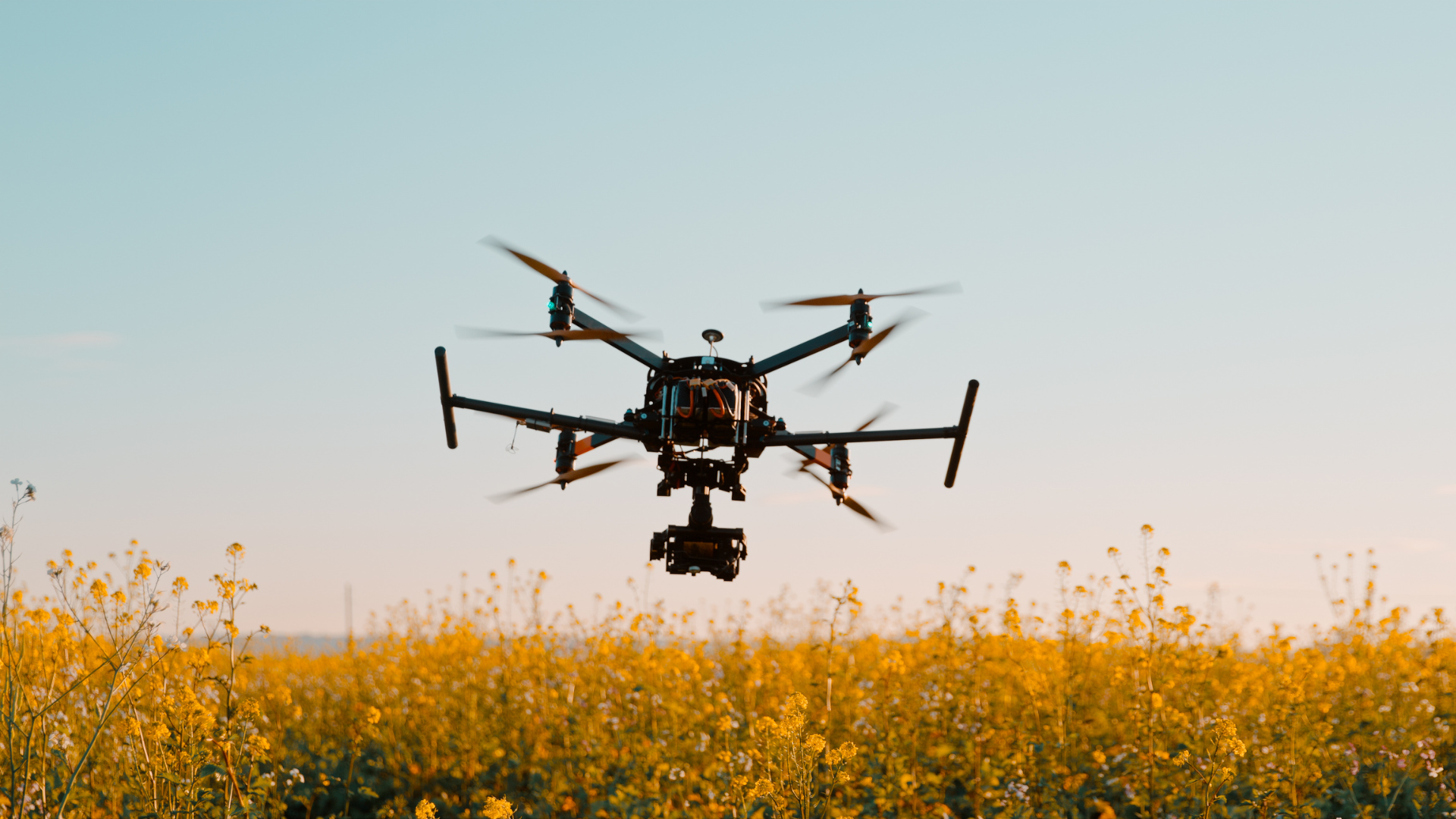 A drone flies above a field.
