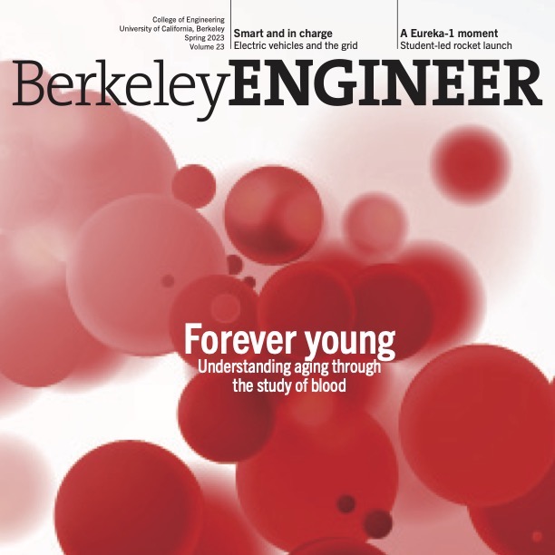 The cover of Berkeley Engineer magazine, featuring images of red spheres covered with text that reads, "Forever young, understanding youth through the study of blood."