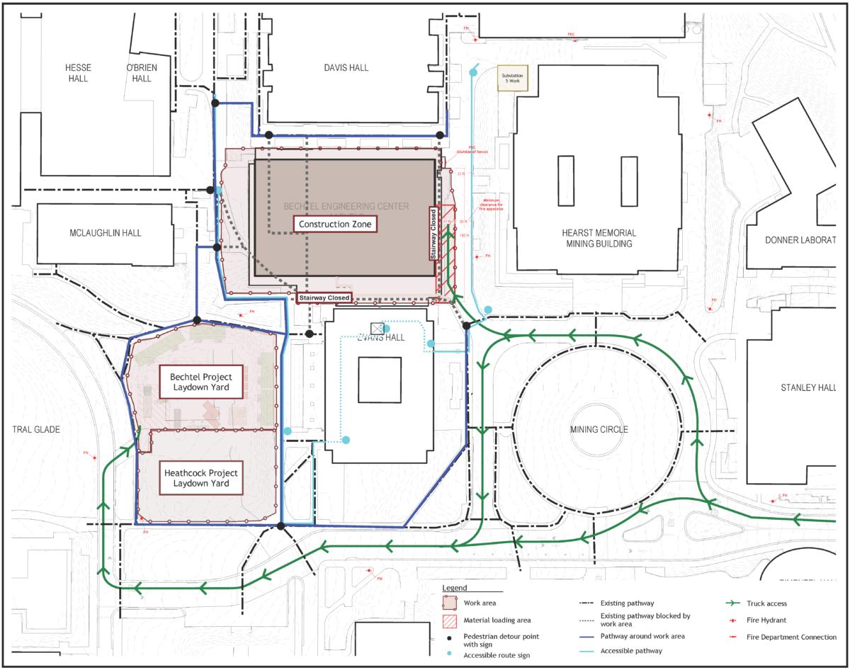 Map showing pathways around the construction zone: accessible pathways will be routed along the west side of Evans Hall and the construction zone to reach Davis and Sutardja Dai halls, and via elevators through Evans Hall to reach the east side of Hearst Memorial Mining Building and Cory Hall. Trucks will access the construction zone via the Mining Circle and University Drive.