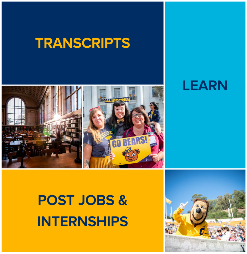 A color block graphic featuring the words "transcripts," "learn," and "post jobs & internships" in separate blocks, alongside portraits of students and Oski.