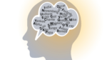 Illustration of words in thought cloud superimposed over silhouette of head
