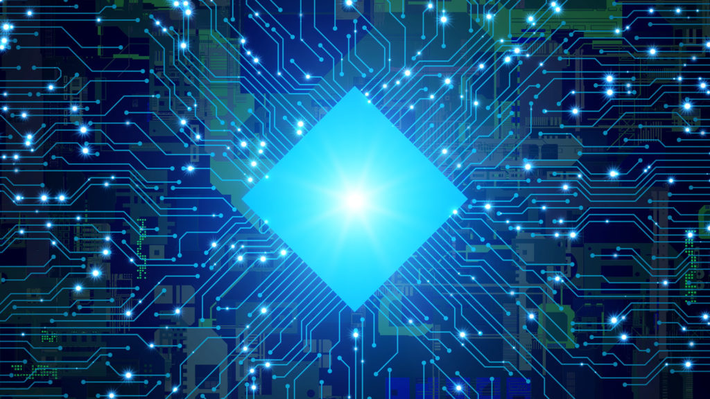 A blue and green illustration of a central processing unit and electronic circuit.