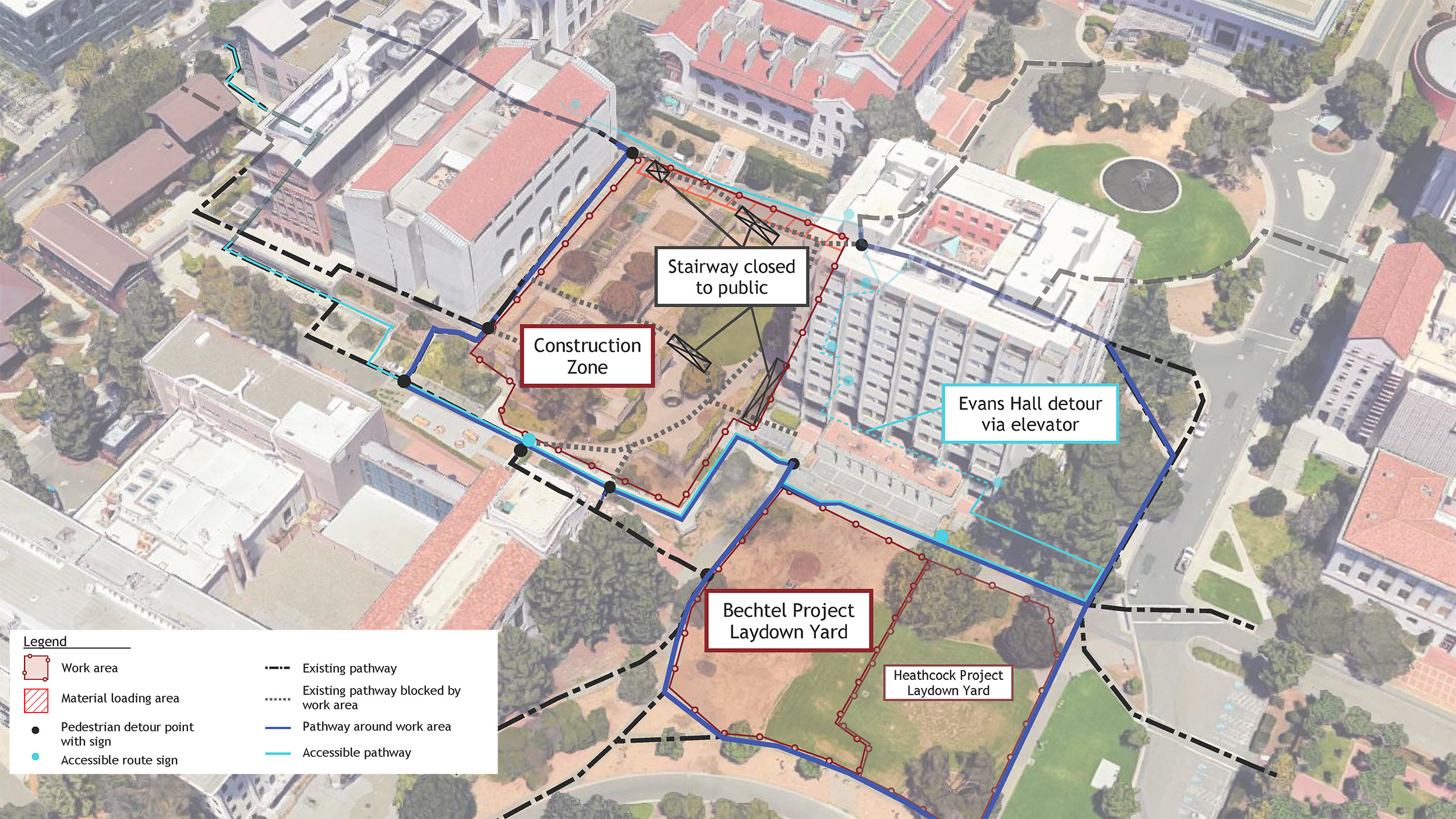Birdseye view of Engineering Center construction zone, showing fenced areas, pathways (existing and modified) and accessible routes.