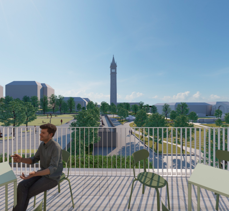A rendering of a view of the Campanile from the Engineering Center's balcony.