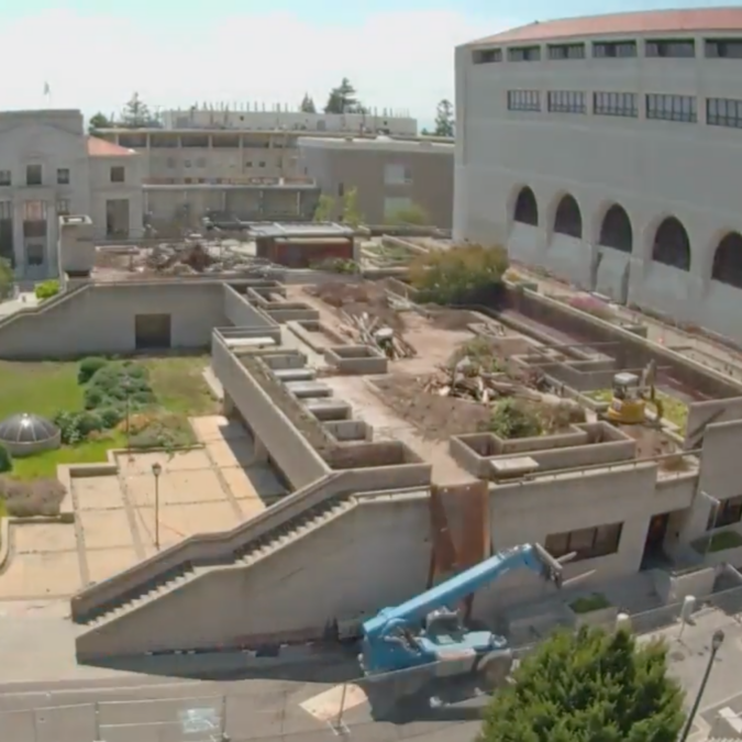 A distant shot of construction on the Bechtel Terrace for the Engineering Center.