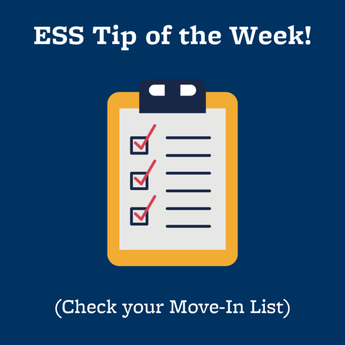 A blue graphic featuring an illustration of a checklist and text that reads, “ESS Tip of the Week!”