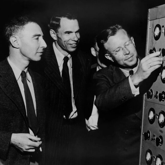 J. Robert Oppenheimer, Glenn T. Seaborg and Ernest O. Lawrence in early 1946 at the controls to the magnet of the 184-inch cyclotron. (Courtesy Lawrence Berkeley National Laboratory)