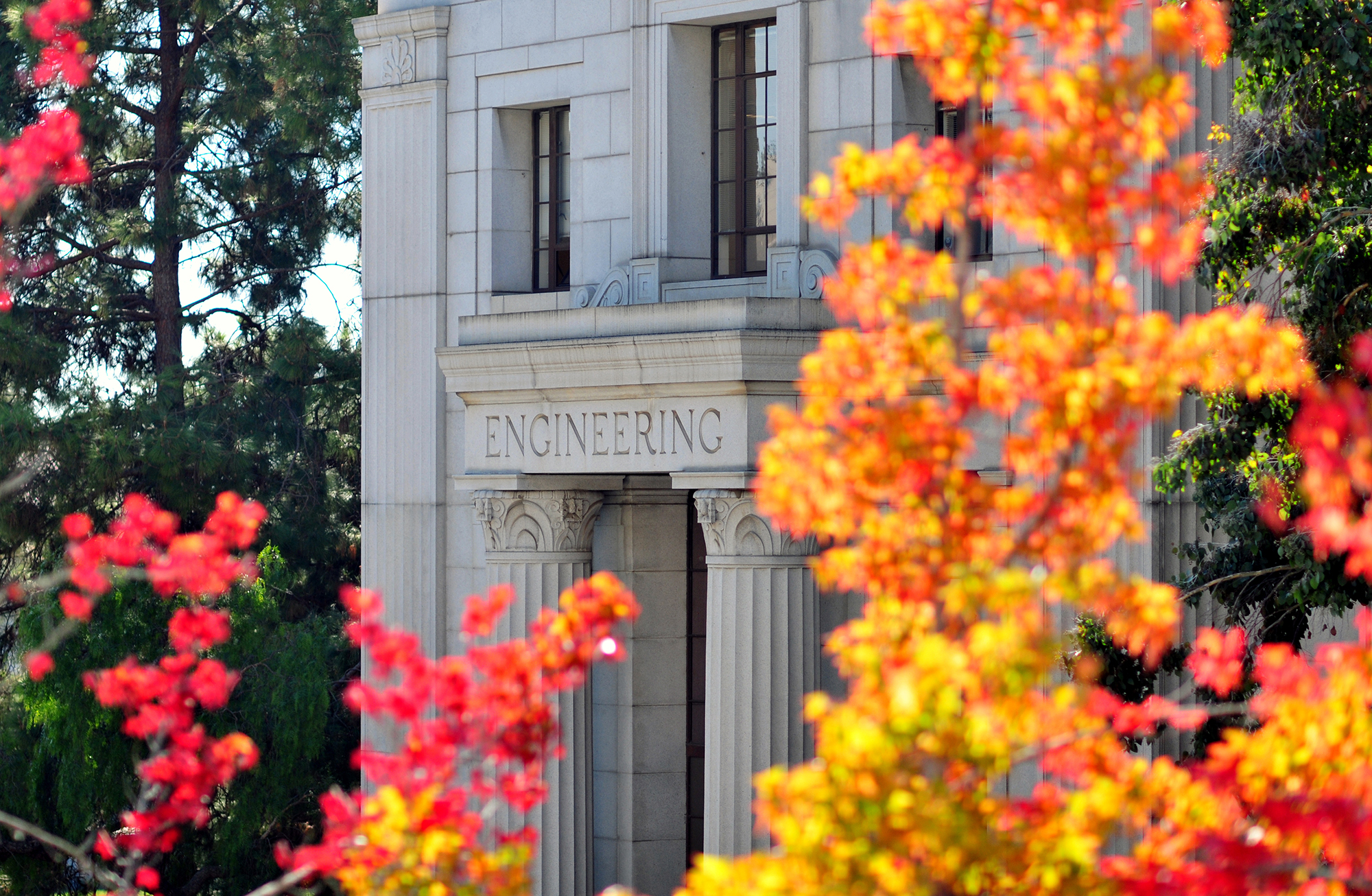 A view of McLaughlin flanked by red and orange leaves.