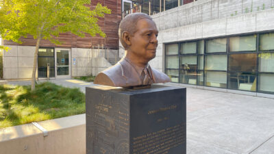 Bronze bust of mechanical engineer Joseph Thomas Gier in the Blum Hall courtyard