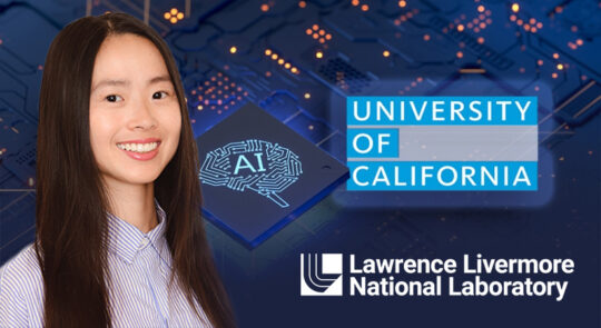 Image of Grace Gu with microchip in the background, along with an image depicting AI, University of California, and Lawrence Livermore National Laboratory.
