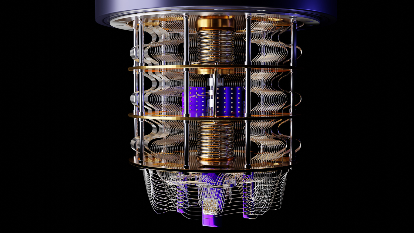 Rendering of a quantum computer, side view.