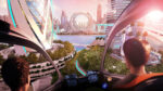 Still image from animated IMAX movie, Cities of the Future. Shows young people looking at a futuristic cityscape from inside their flying car.