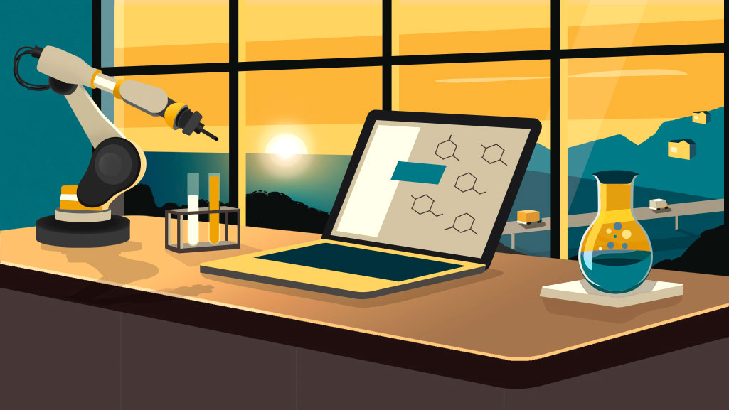 Illustration of a robot arm, vials, a laptop and a beaker on a desk facing the window.