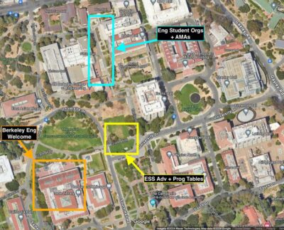 College of Engineering and Engineering Student Services Cal Day location map. Student organizations will be tabling to the south of Blum Hall, in front of Yali's Cafe, and down the walkway between McLaughlin Hall and Davis Hall. In case of rain, student orgs will be moved inside the O'Brien breezeway. Ask Me Anything booths will be located between Memorial Glade and West of Evans Hall. The Dean's Welcome will be on the steps of Doe Library, on the south side of Memorial Glade.
