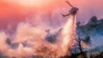 A helicopter dropping water on a California wildfire in rugged terrain, backlit by a setting sun filtered through multiple layers of smoke.