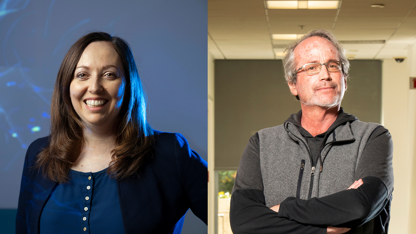 Photo splice with electrical engineering and computer sciences associate professor Rikky Muller on the left and bioengineering professor Adam Arkin on the right (Photos by Adam Lau/Berkeley Engineering)