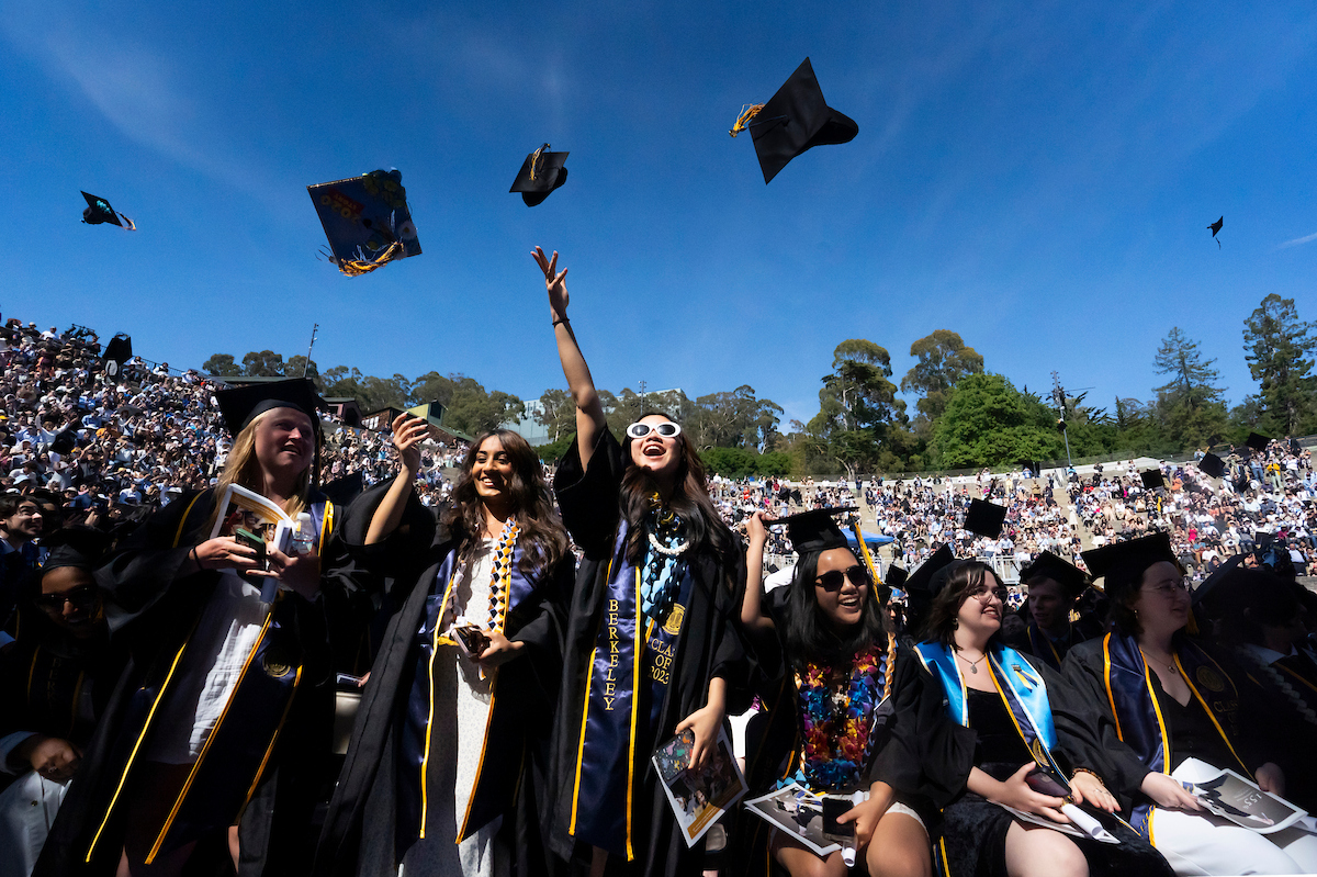 Graduates throwing their caps into the air