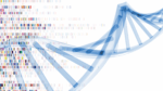 rendering of a blue dna helix with color blocks behind it