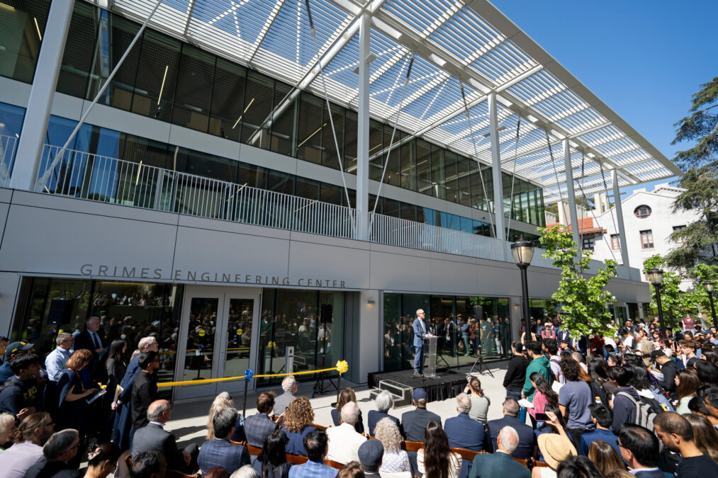 Alumnus and donor Michael Grimes addresses the crowd during the Grimes Engineering Center opening celebration
