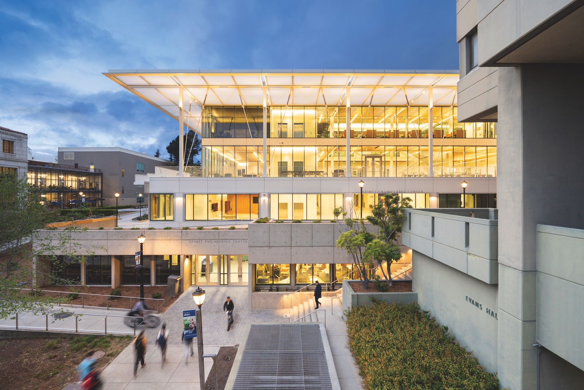 UC Berkeley’s Grimes Engineering Center lit up at dusk