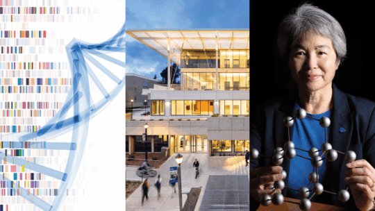 Magazine header with DNA graphic, Grimes Engineering Center facade, and Tsu-Jae King Liu holding a molecular model