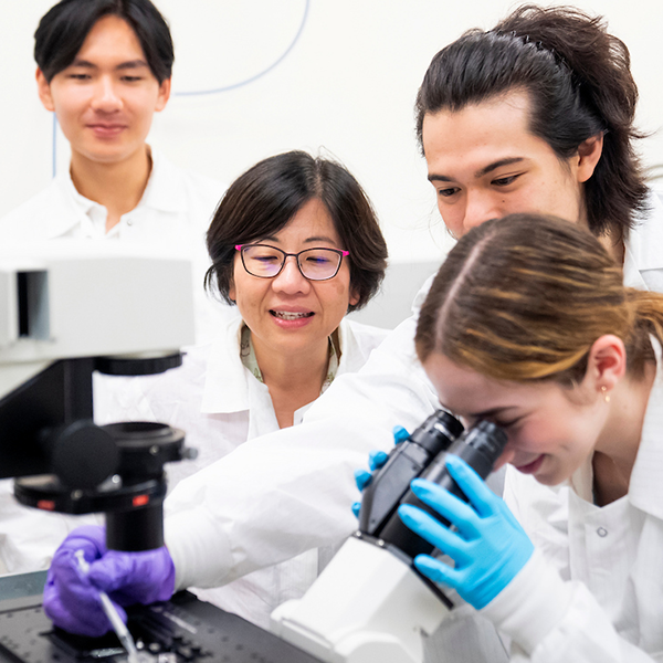 researchers looking at a microscope
