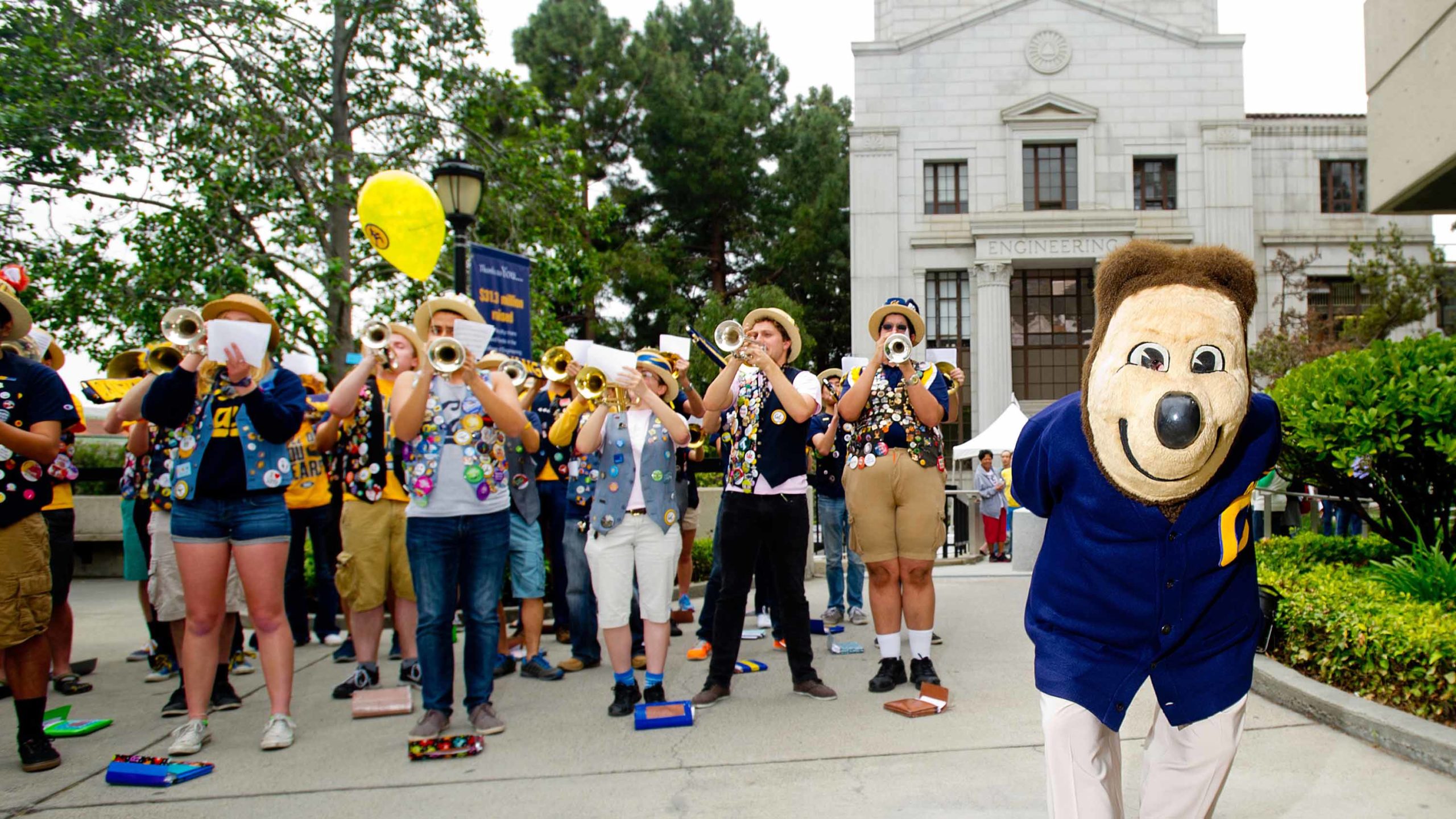 Oski and the Cal Band in the engineering quadrant on Cal Day.