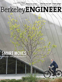 Cover of the Spring 2017 Berkeley Engineer magazine, featuring Costas Spanos biking past the new Berkeley Art Museum and Pacific Film Archive.