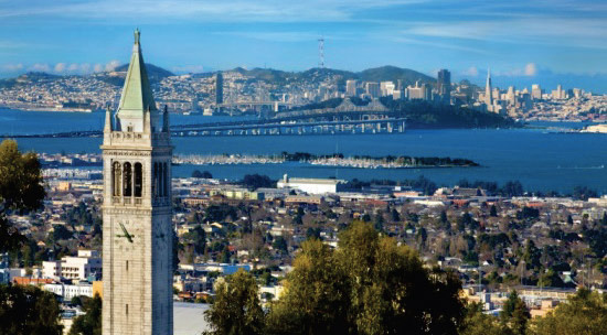 Campanile tower with San Francisco, the bay and Bay Bridge in the background